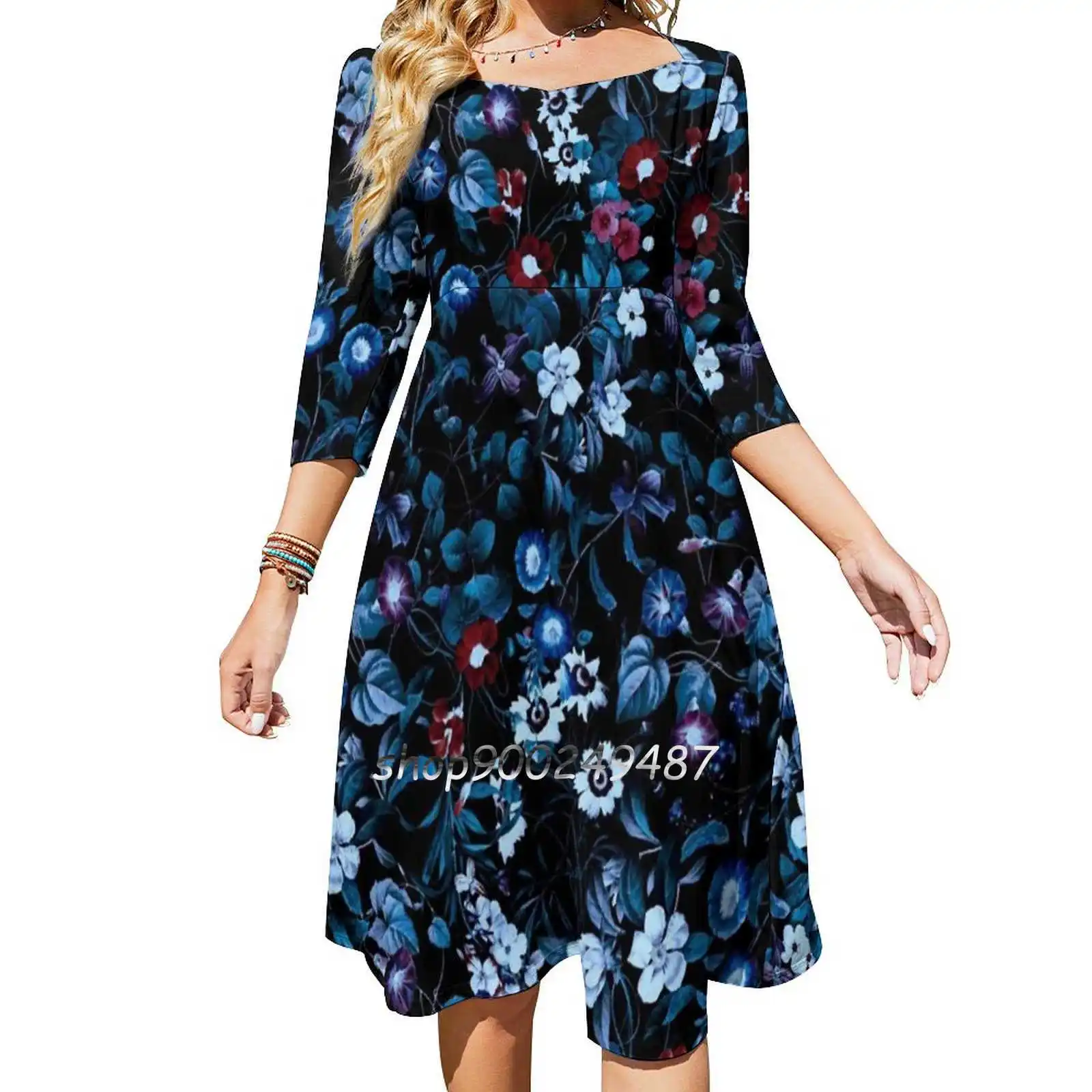 Night Garden Xxxii Sweet Elegant Dress Women Korean Kawaii Square Collar Dress Pattern Floral Garden Jungle Tropical Flowers