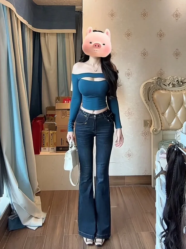 

Slim Fit Sexy Bell Bottom Embroidered Denim Jeans Women's Deep Blue High Waist Hollow out Spring Summer New Style Tummy Control