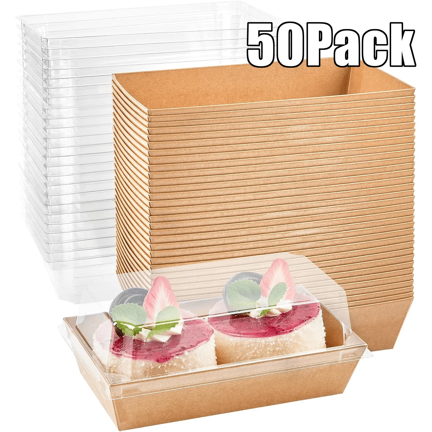 

50 Pack Paper Charcuterie Boxes with Clear Lids, Disposable Sandwich Containers, Small Kraft Bakery Treat Boxes for 2 Cupcakes, Muffins, Hot Cocoa Bombs, Strawberries, To Go Desserts Boxes
