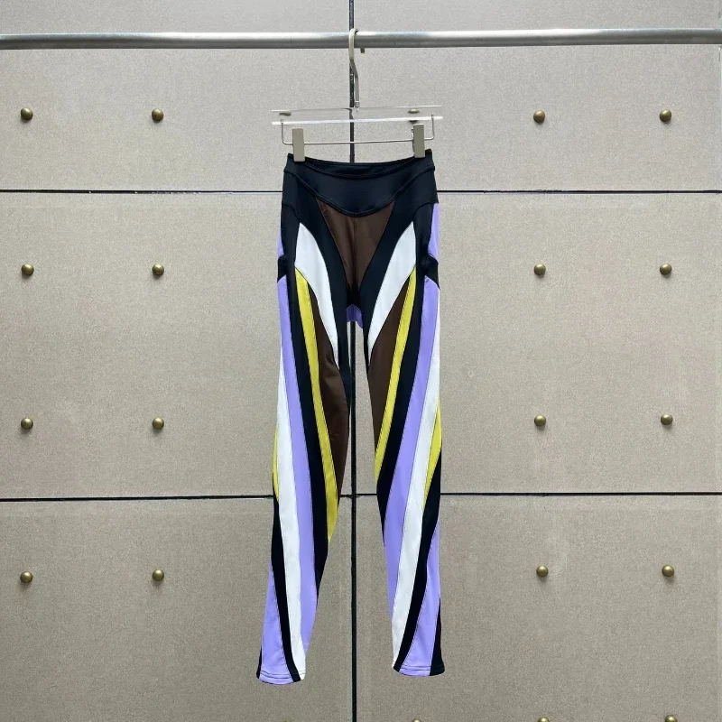 2024 New Arrivials Spring Summer High Quality White Purple Yellow Brown Black Color Patchwork Block Line Leggings Long Pants