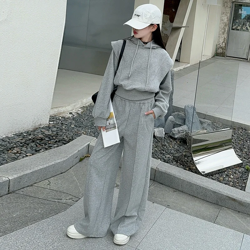 Autumn Girls Tracksuit Casual Sport Sweatshirt Wide Leg Pants Two Pieces Teenage Children Clothing Set Grey Daily Kids Outfits