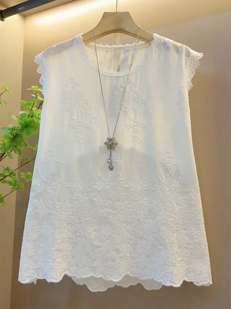 

Женская летняя блузка с кружевной вышивкой, тонкая, с круглым вырезом, мягкая, больших размеров, свободного кроя, для повседневной носки