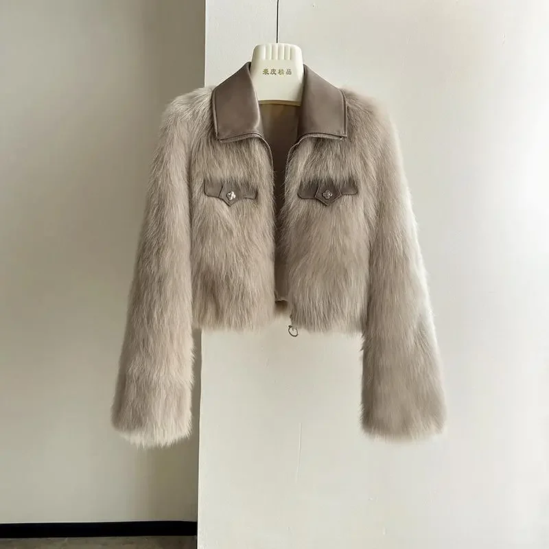 

Autumn Winter New Imitation Fox Fur Short Coat Women Fashion Long Sleeves Fake Fur Jacket Zipper Top Ladies Casual Outwear B1422
