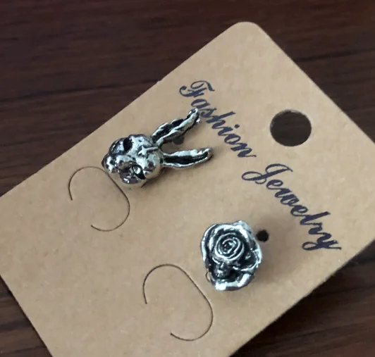Goth Rabbit Stud Cute Cross Hare Bunny Rose Earring Animal Cocktail Party Motorcyclist Ear Retro Silver Color Gothic Jewelry