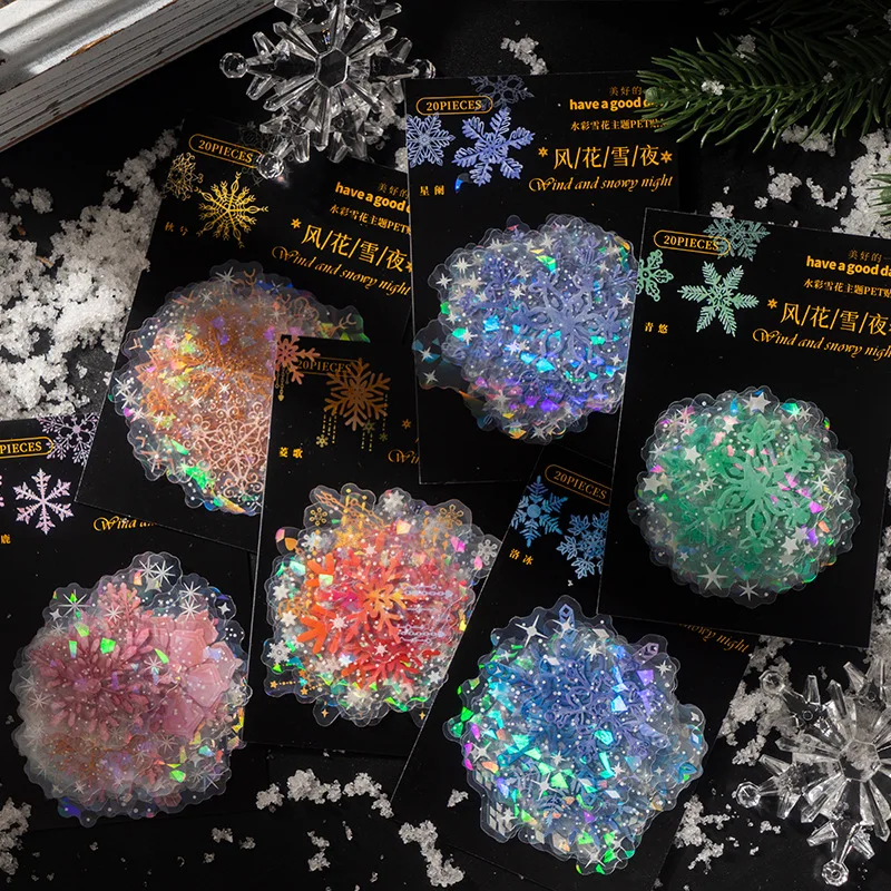 20pcs Watercolor Snowflake Decorative PVC Stickers Handbook Material Sticker Scrapbooking Label Diary Journal Planner