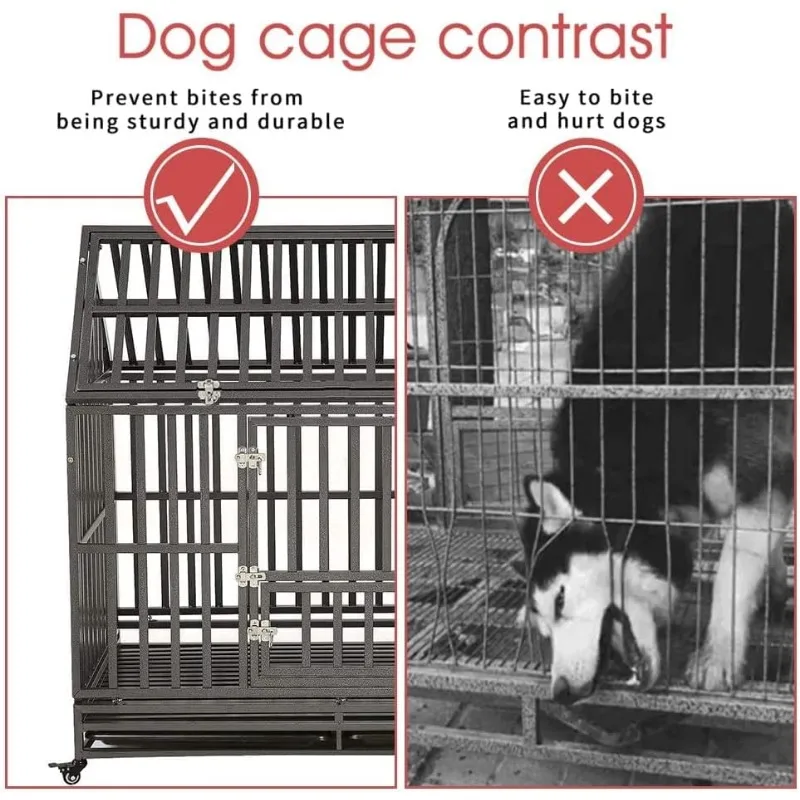 48" Heavy Duty Dog Crate Strong Metal Cage House Shape Pet Kennel Crate Playpen with 4 Locking Wheels