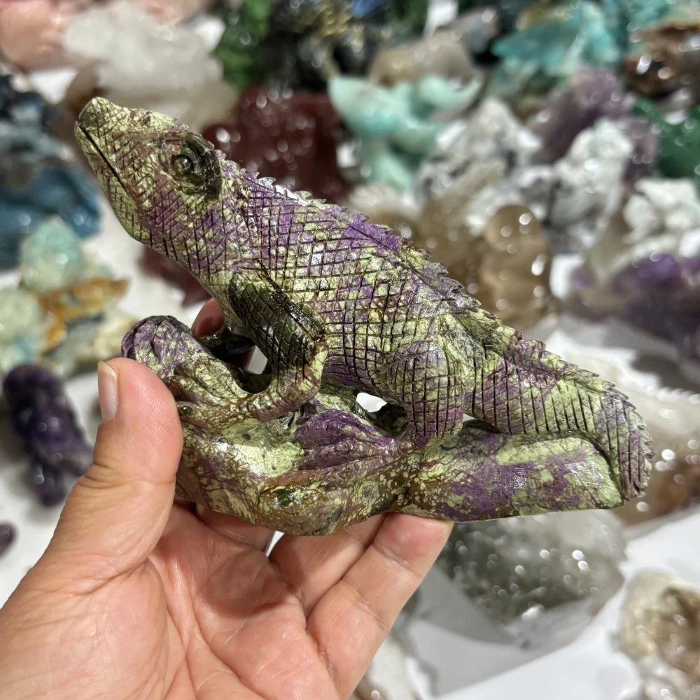 Natural Crystal Quartz Stichtite Serpentine Chameleon Figurine Reiki Healing Gothic Hand Carved Animal Stone Craft Gift