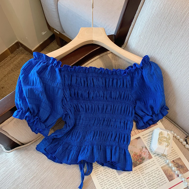 

Slim Fit Klein Blue oulder Bubble Sve irt Women's Spicy ort Crop Top Korean Sle Commute Pure Color Summer Faion