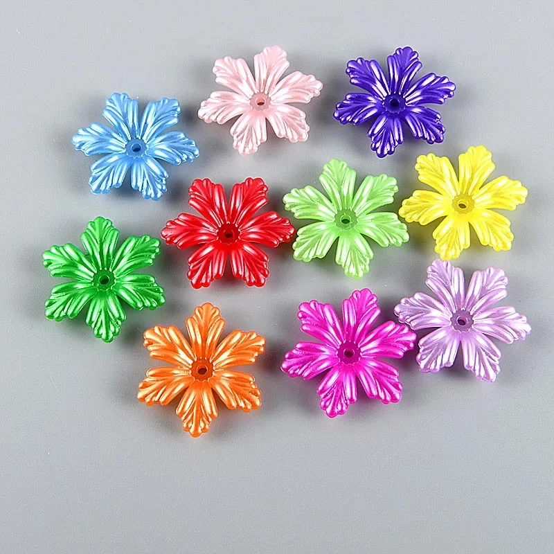 30PCS 28mm Imitation Pearl Colorful Six-petal Flower Handmade DIY Flower Holder Toy Doll Jewelry Wedding Dress Bag Loose Beads