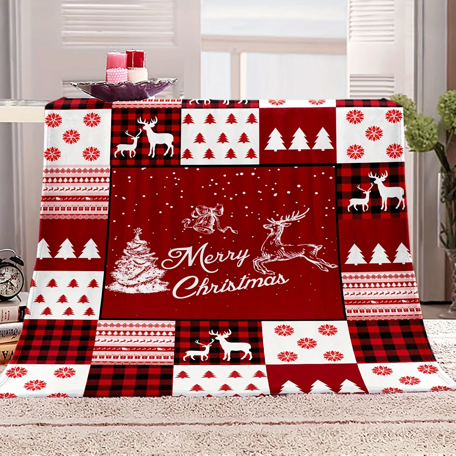Cozy Christmas Reindeer & Tree Patchwork Fleece Blanket - Soft, Warm, Tear-Resistant, All-Season Throw with Festive Buffalo