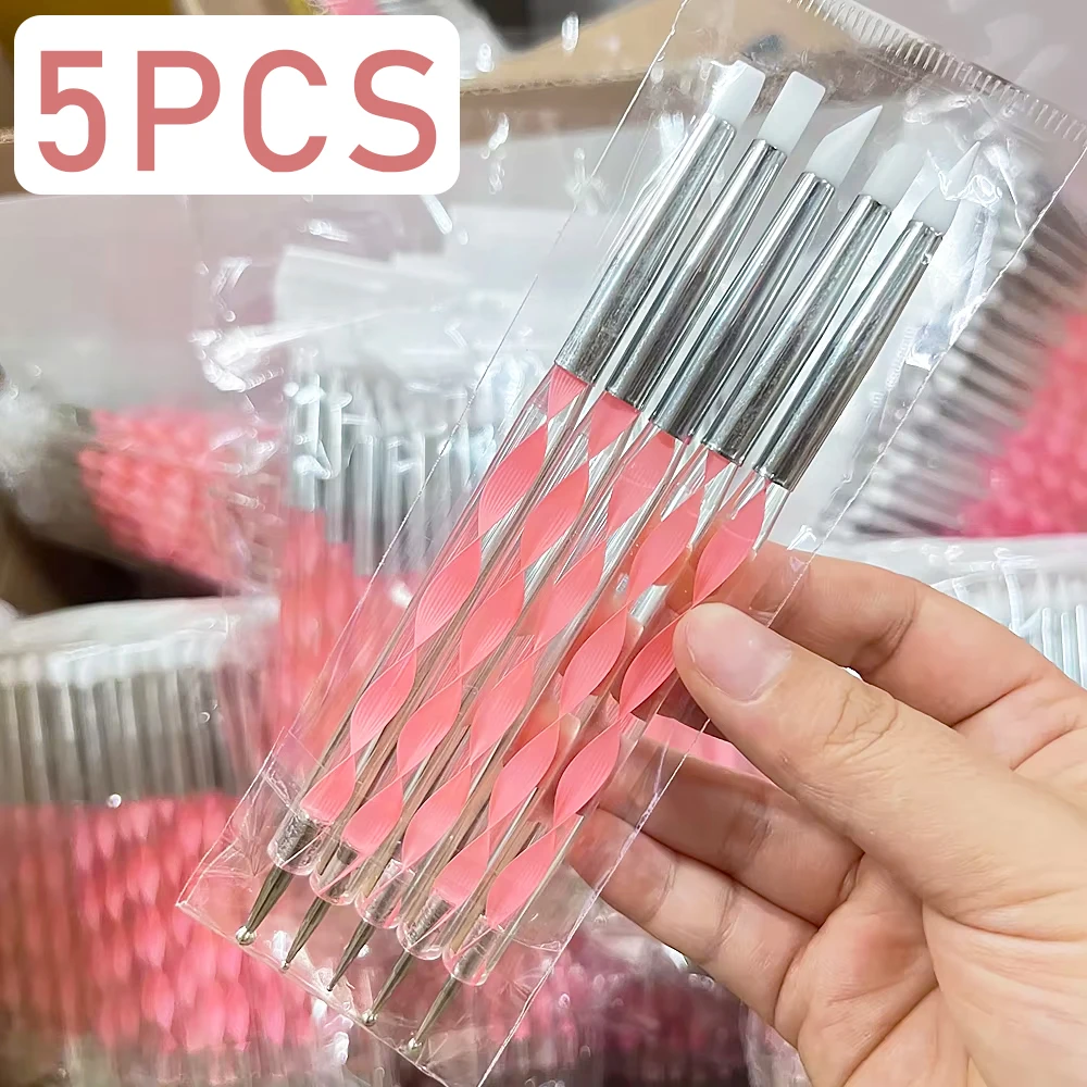 5pcs/set 2 Way Double Headed Silicone Point Flower Nail Pens Pink Handle Stainless Steel Dotting Pen DIY Painting Manicure Tools