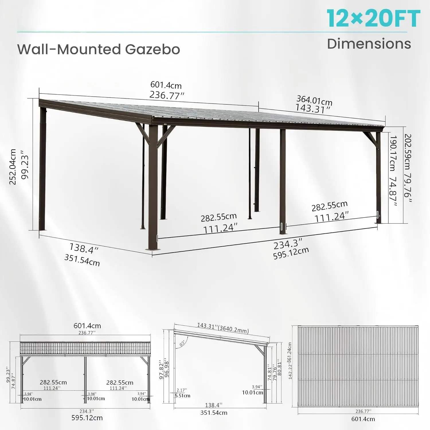 ！@12x20 FT Lean to Gazebo, Wall Mounted Gazebo with Built-in Drainage, Galvanized Steel Roof, Hardtop Patio, Brown view 3