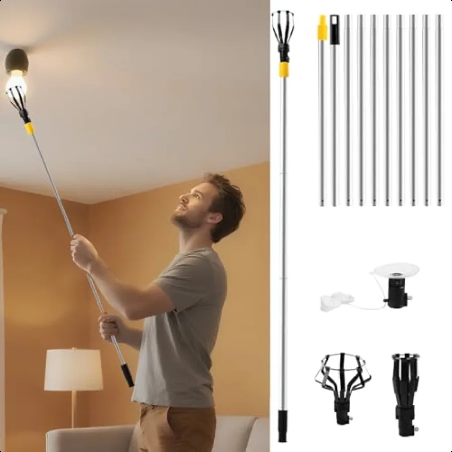 Cambiador de bombillas de 13 pies con poste telescópico, herramienta de repuesto para bombilla de techo alto con ventosa y cestas para un fácil acceso