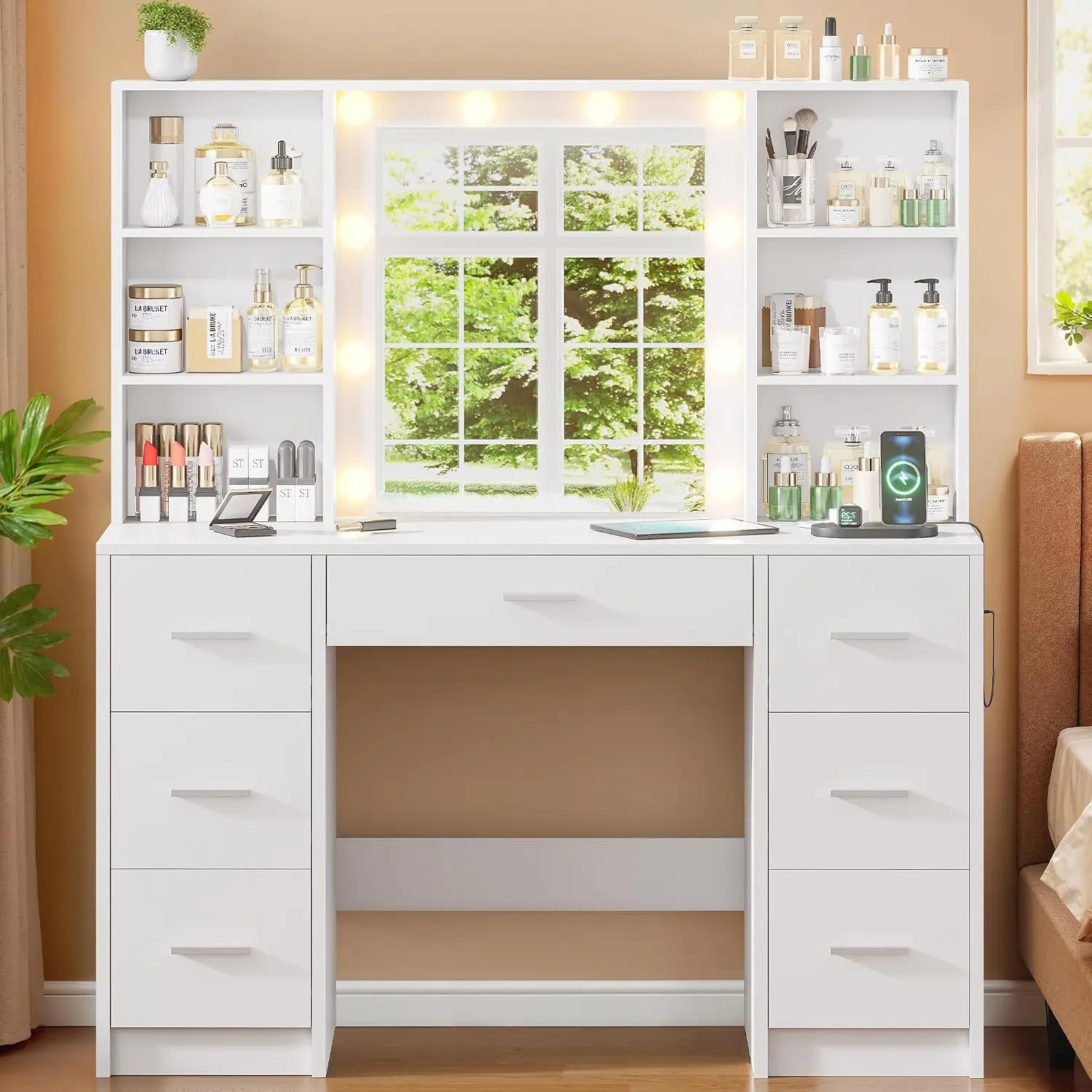 Large Vanity Desk with LED Mirror & Power Outlet, 7 Drawers & 6 Shelves Makeup Table for Bedroom & Bathroom, White, Customized