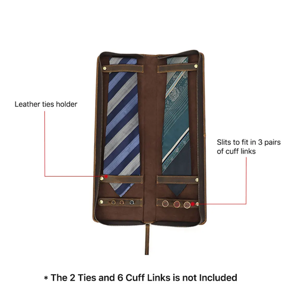 Handmade 100% Cow Leather 2 Slots Ties and Cuff Links Holder Travel Portable Organizer Display Cufflinks Storage Gift Box Case