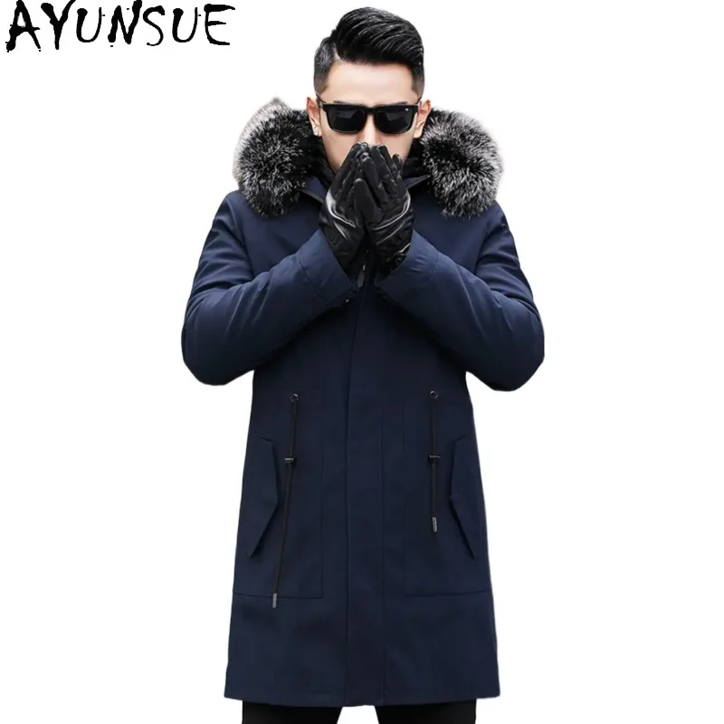 AYUNSUE Warm Natural Fur Coat Men Parkas Winter Detachable Mink Fur Liner Jacket Mid-length Hooded Fox Collar Real Fur Coats Man