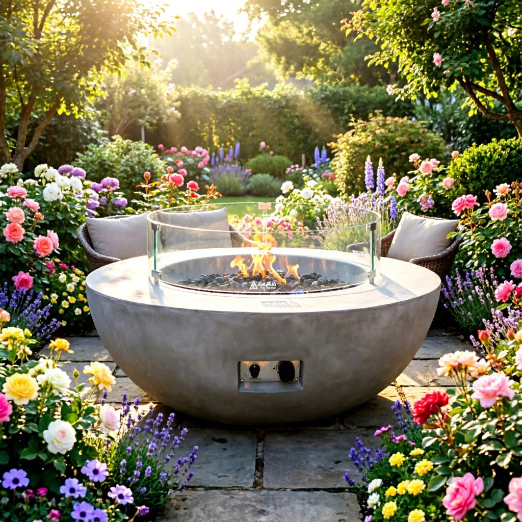 Concrete Natural Gas Fire Pit Portable Outdoor Heating for Modern Backyards with Round Design and Warmth