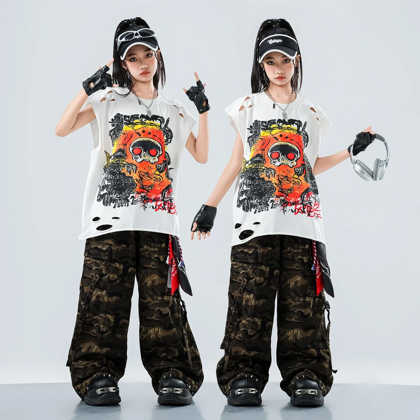 Kinderen Hip Hop Kostuum Meisjes Jazzdans Kleding Wit Tops Camouflage Broek Show Outfit Cool Street Dance Wear AMY2587