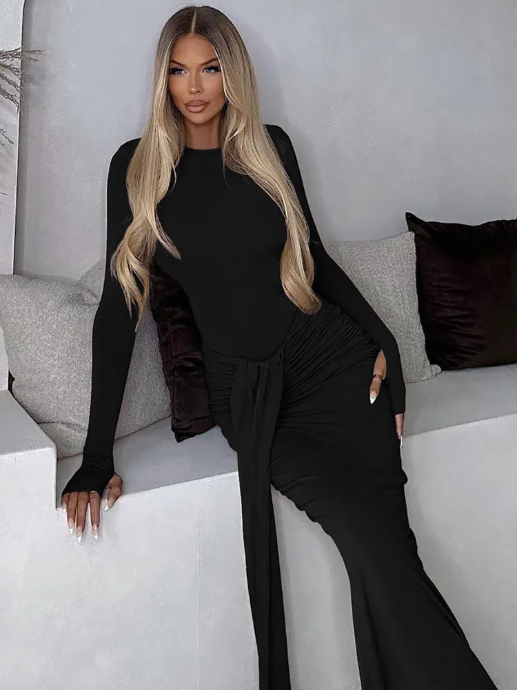 Mozision Ruched Draped Sexy Maxi Dress For Women Fashion O Neck Long Sleeve Bodycon Club Party Long Dress Female Elegant Dresses