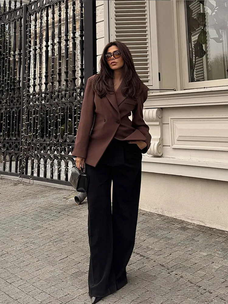 Fashion Coffe Lapel Double Breasted Blazer Coat Elegant Solid Long Sleeve Suit Pockets Jacket Women New Commuting Office Outwear