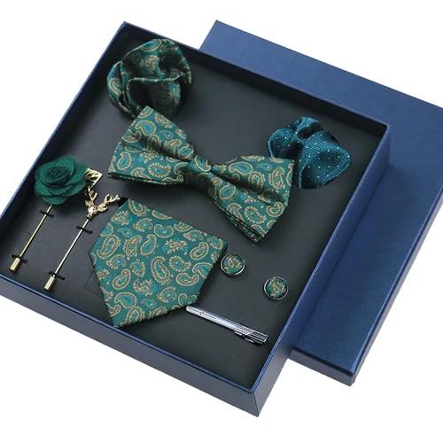 Conjunto de corbata de 8cm para hombre, corbata Formal de lujo para boda, pajarita de seda, gemelos cuadrados de bolsillo, broche, caja Floral, regalos para hombre