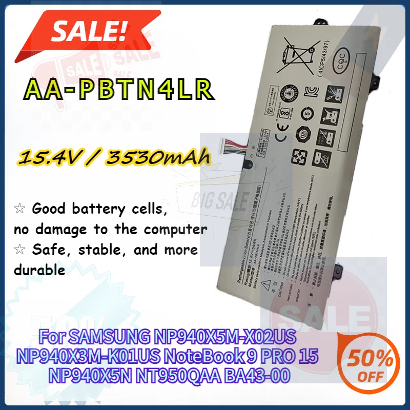 

54WH AA-PBTN4LR Laptop Battery For SAMSUNG NP940X5M-X02US NP940X3M-K01US NoteBook 9 PRO 15 NP940X5N NT950QAA BA43-00