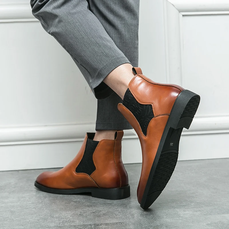 New Men Business Chelsea Boots Men One Step Casual Comfortable Fashion Brand Leather Boots Men Gentleman Social Shoes Size 38-46
