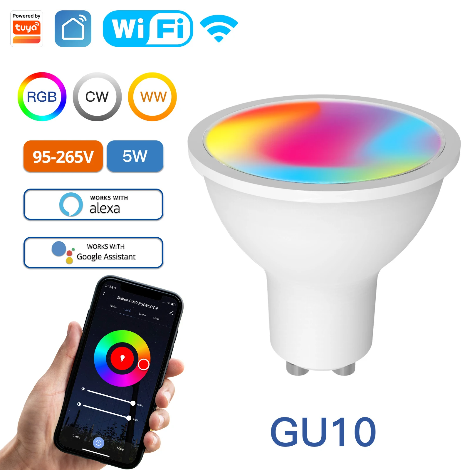 MOES Tuya ZigBee GU10 WIFI Slimme LED-lampen RGB C+W Wit 5W Dimbare lampen Smart Life APP Controle Gloeilampen Werk Alexa/Google