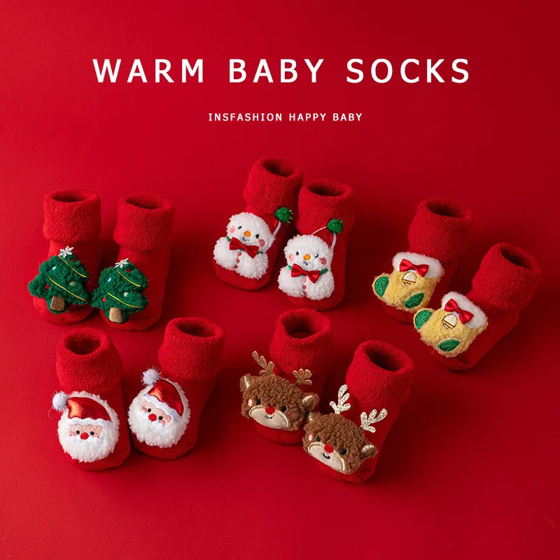 Children\'s Christmas Socks Cartoon Kawai New Born Baby Autumn Winter Padded Warm Red New Year Non-slip Toddler Floor Soft Sock