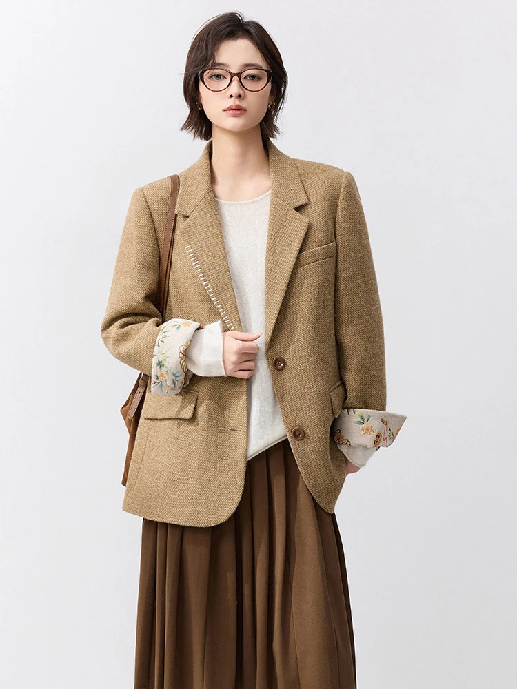 Women Tweed Blazer Jacket Vintage Tailored Casual Wool Blend Blazer Coat for Fall Winter Smart Casual