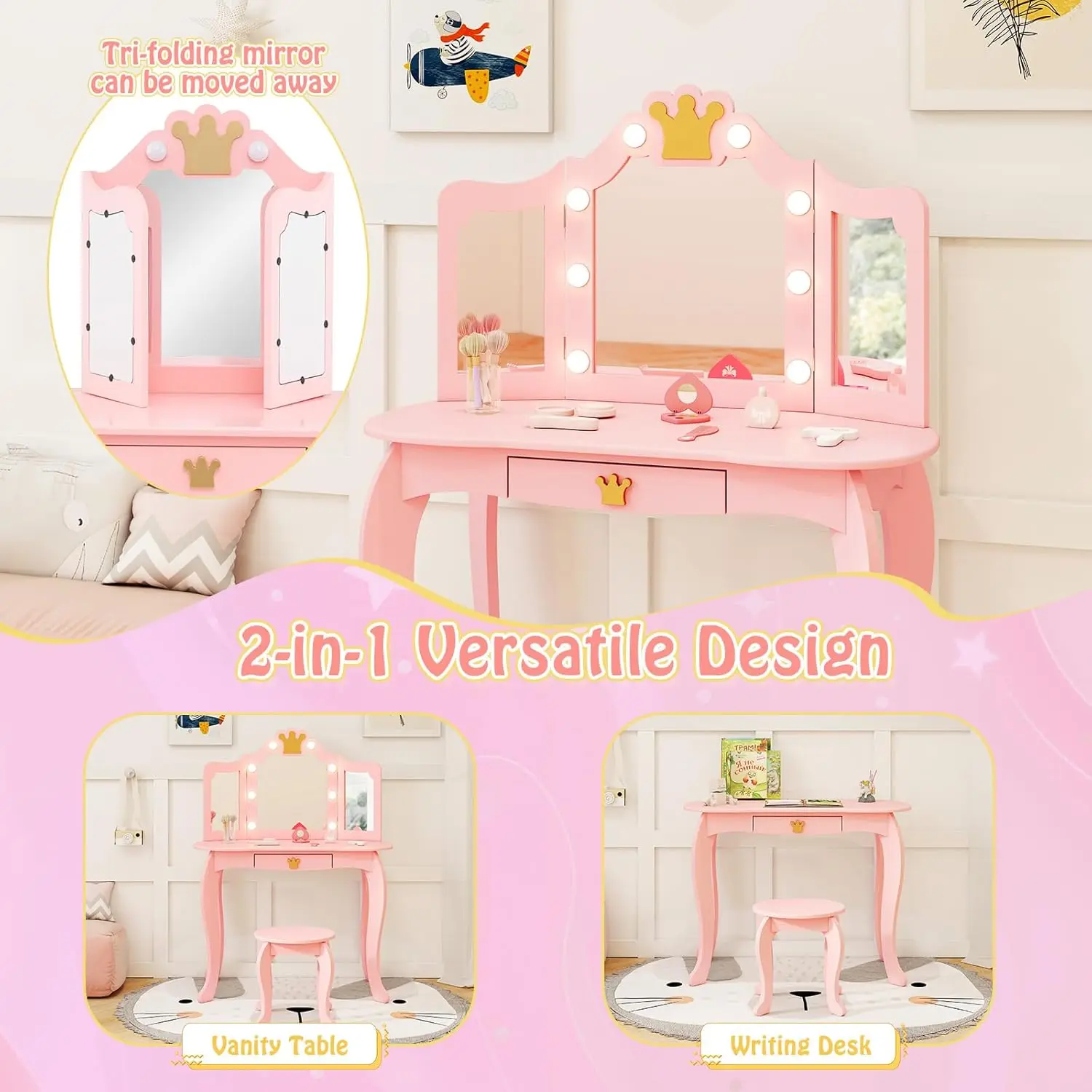Vanité pour enfants avec lumières, ensemble table de maquillage et tabouret en bois rose pour filles, ensemble table et chaises de jeu de simulation