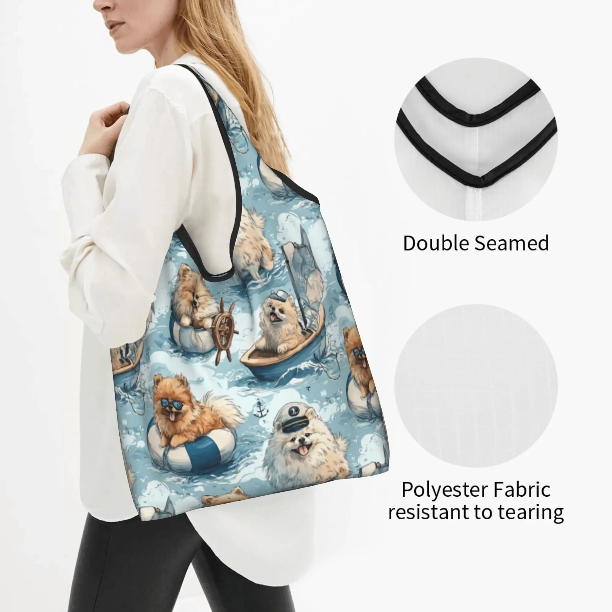 Nautical Aesthetic Pomeranians Grocery Shopping Bags Kawaii Shopper Shoulder Tote Bag Big Capacity Portable Dog Lover   Handbag