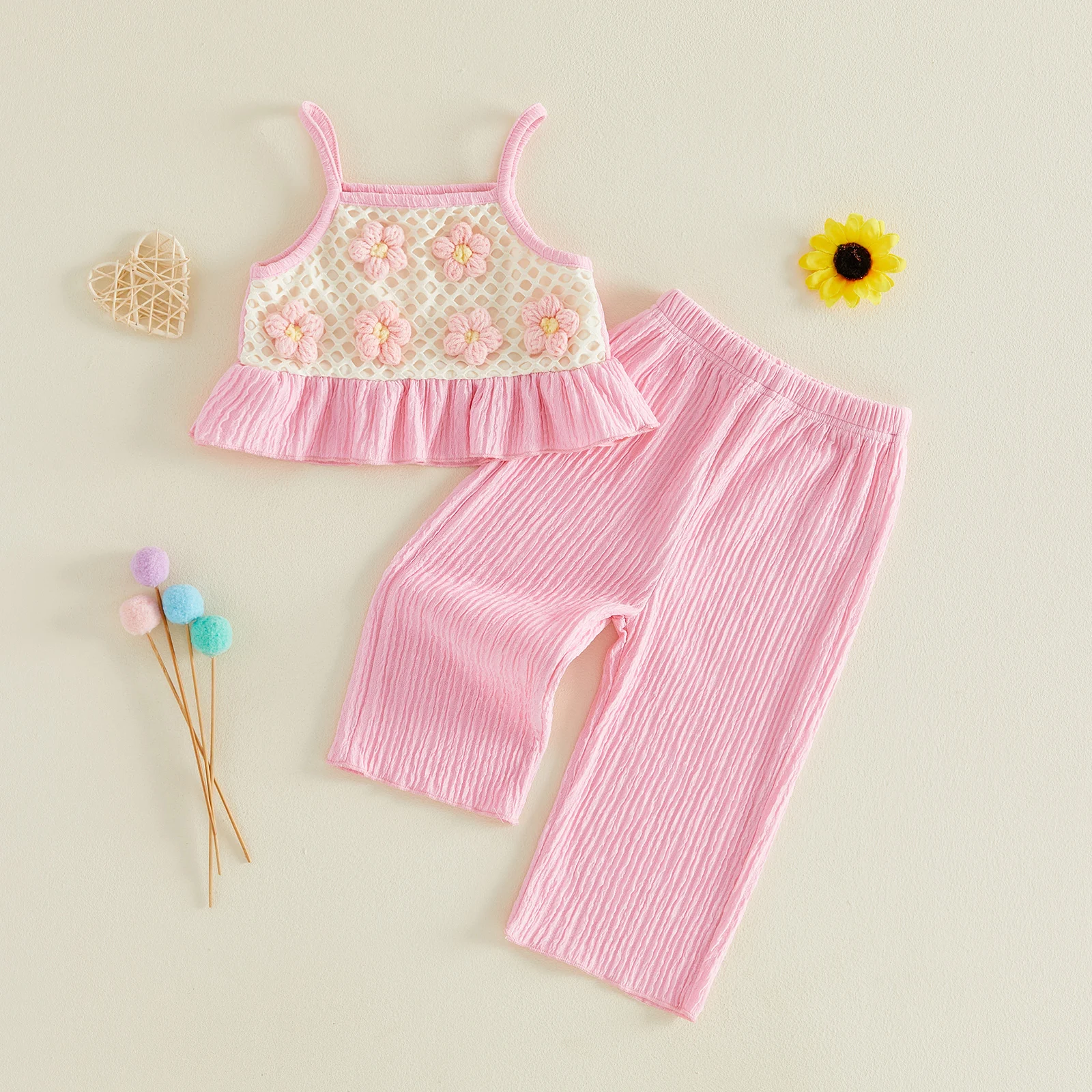 0-4Y Toddler Girls 2 Piece Outfits Adorable Flower Decor Sleeveless Square Neck Tank Tops Pants Clothes Set