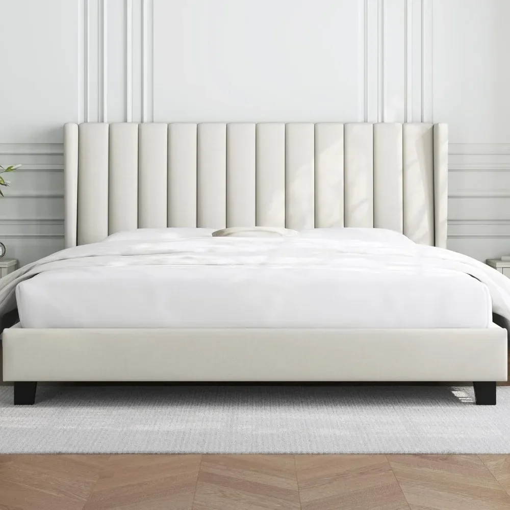 Bed Frame Upholstered Platform Bed with Fabric Headboard, Wing Edge Design/Non-Slip