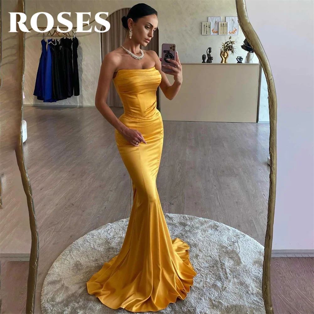 

ROSES Yellow Evening Dress Strapless Trumpet Party Dress with Pleat Satin Vestido De Novia Ruched Sexy Sleeveless Prom Dresses