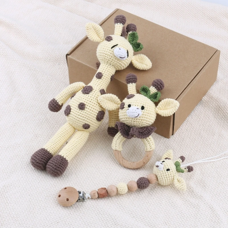 1 Set Baby Stuffed Animal Doll kawaii Panda Plush Toys+Crochet Rattle+Hair Brush+Newborn Swaddle Wrap Baby Birth Shower Gift Box