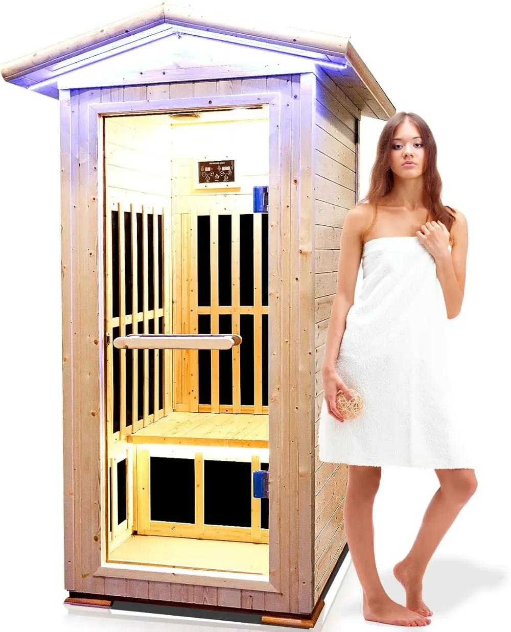 Sauna, 1 Person Outdoor Far Infrared Sauna Room, 1300W Spruce Wood Low EMF Indoor Home Sauna Built-in 7 Epoxy Heating Plate