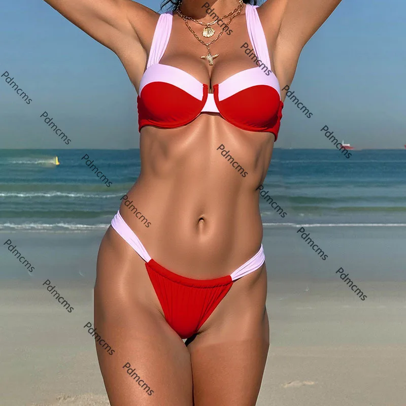 

2025 new split swimsuit women's European and American color matching fashion belly bikini beach swimsuit