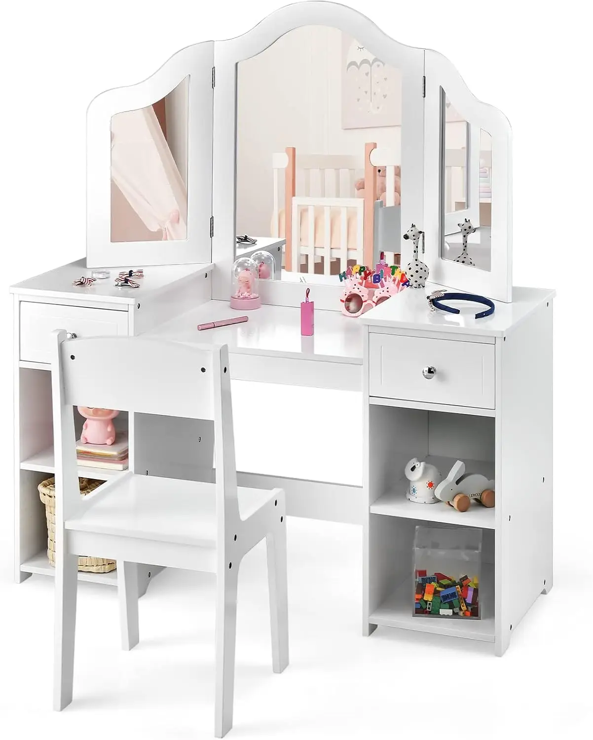 Kids Vanity, 2 in 1 Princess Makeup Desk and Chair Set with Drawers Tri-Folding Detachable Mirror Large Storage Shelves,