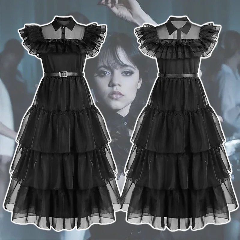 

Wednesday Addams Cosplay Dress Black Floral Lapel Gothic Outfit for Halloween Carnival Party Full Set for Women and Teens
