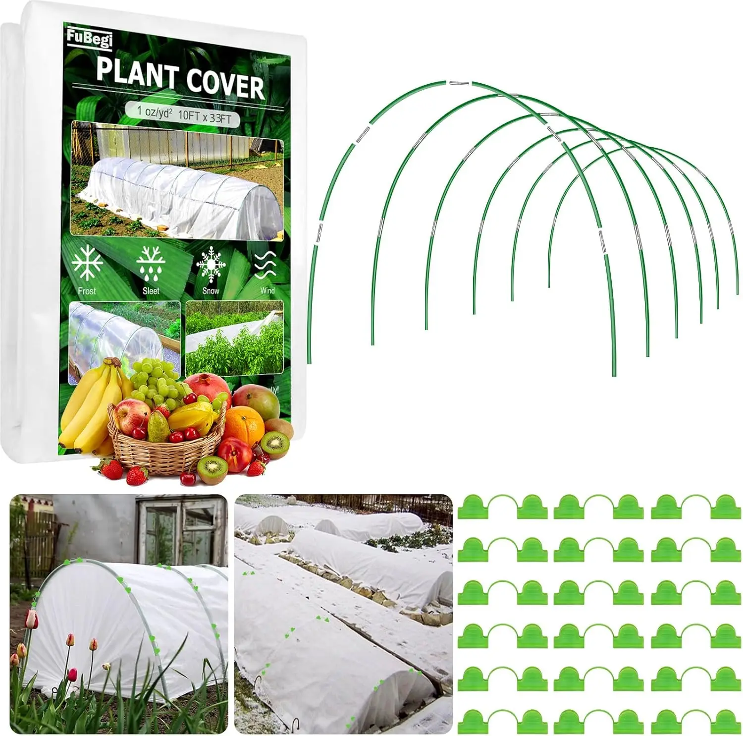 

Plant Cover Freeze Protection 10x33ft Garden Hoops Kit for Winter, Fabric Floating Row Cover Frost Cloth Outdoor Plant Blanket f