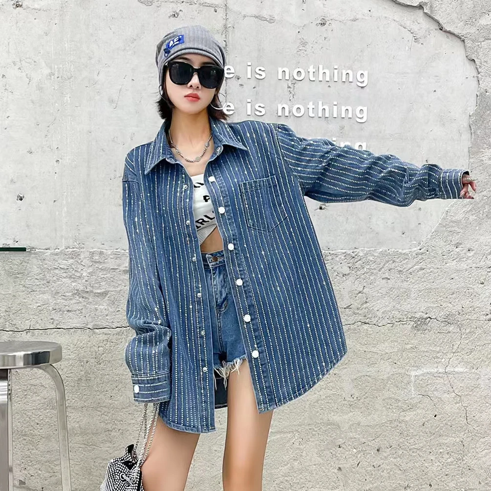 

BLINGBLING Sparkling Hot Drilling Vertical Stripe Denim Shirts 2023 New Spring Autumn All-match Loose Long Sleeve Cardigan Coat