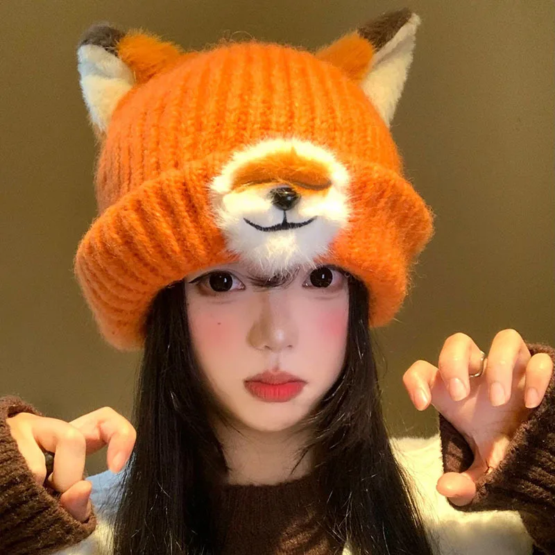 Versatile Fox Ears Beanies Cartoon Design Thickened Pullover Hats Warm Breathable Winter Beanies for Women and Men 1