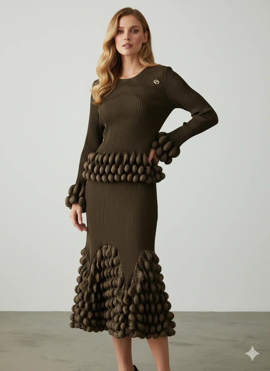 Miyake Pleated 2026 Spring and Summer New Temperament Casual Bubble Sleeve T-shirt Pleated Half-body Skirt Fashion Two-piece Set