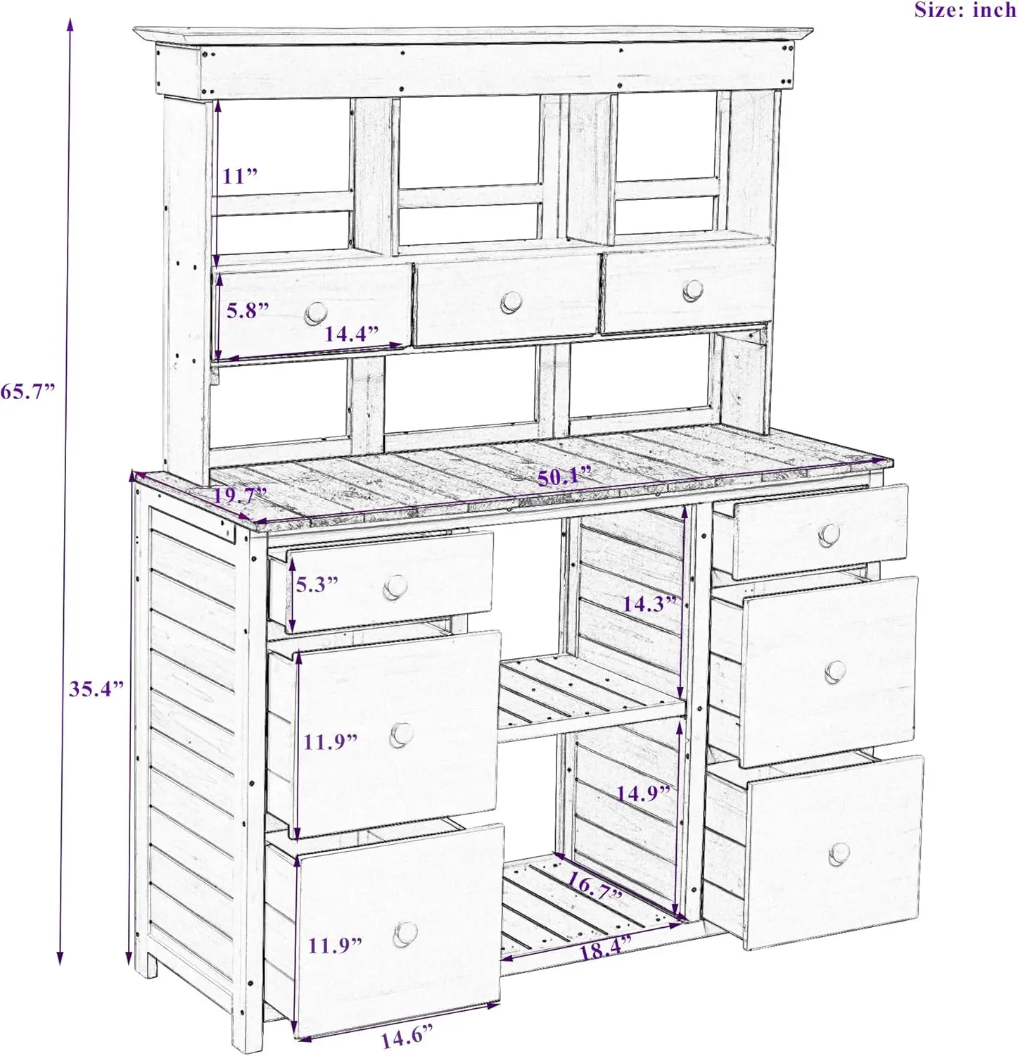 65 Inch Garden Potting Bench Table, Patio Workstation with Multiple Storage Drawers and Shelves, Rustic and Sleek Design for