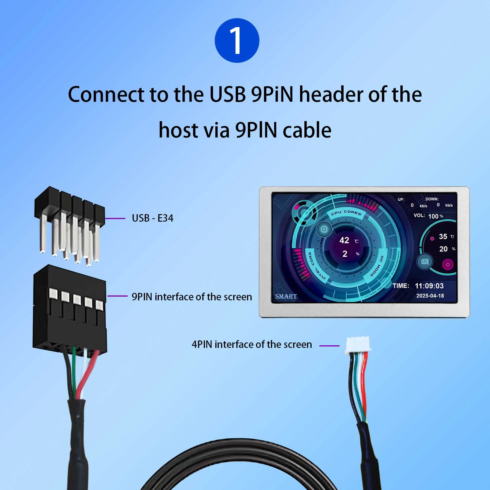 PC 케이스 CPU GPU 온도용 USB 유형 C 및 9핀 케이블이 포함된 5인치 실버 IPS LCD 모니터