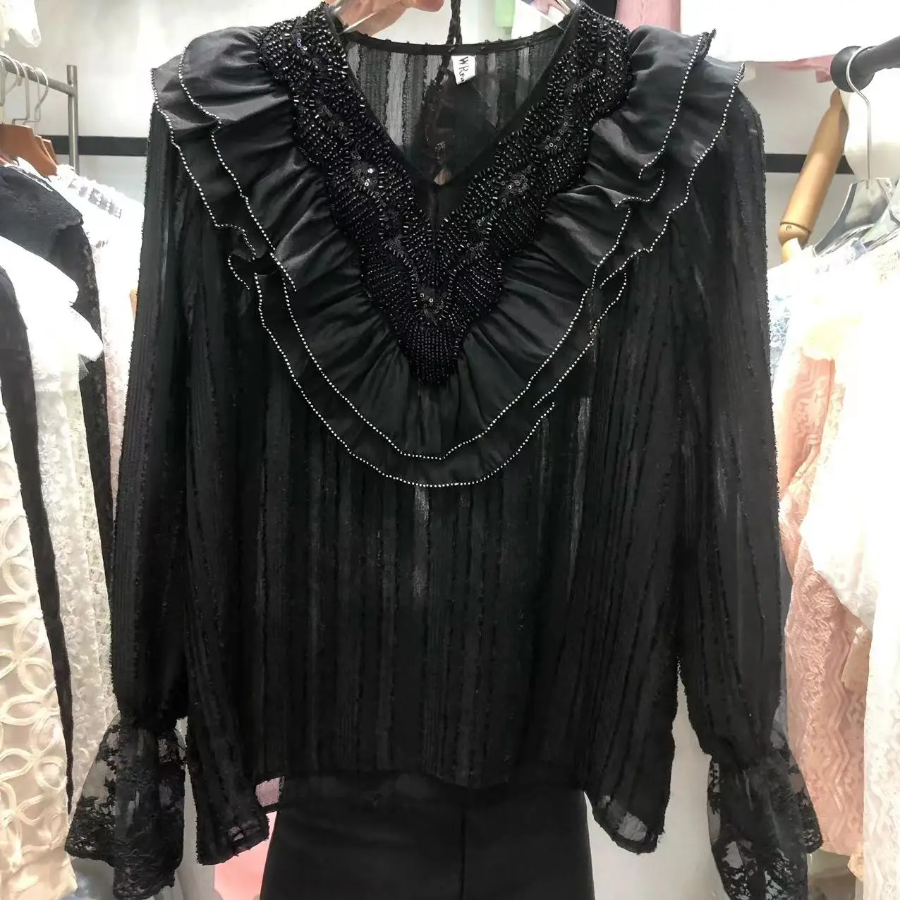 Luxury Heavy Diamonds Beading Sequins Blouses Shirs Women Sweet Lace Chiffon Ruffles Long Sleeve Top 2024 Spring Summer Blusas