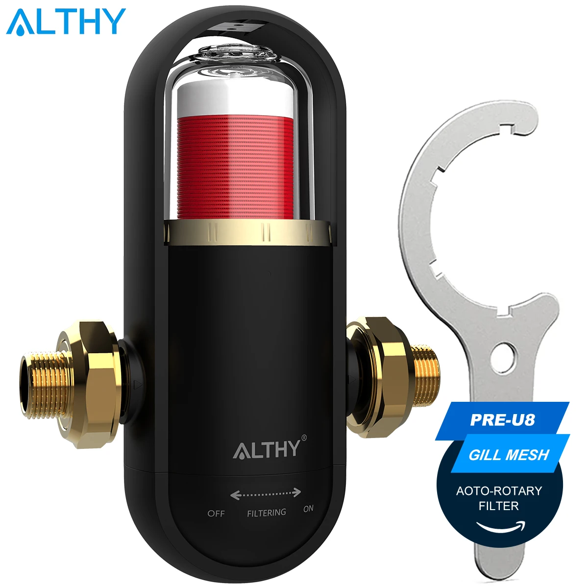 ALTHY-PRE-U8 Bionic Gill + malla de acero inoxidable, prefiltro para toda la casa, sedimento giratorio hacia abajo, purificador de agua, lavado a