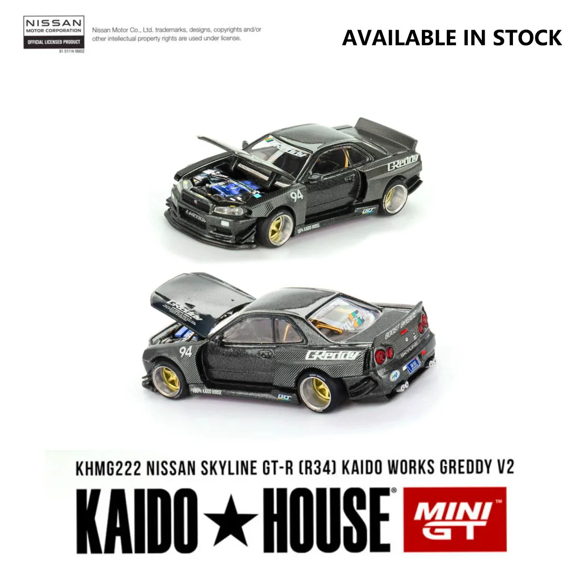Mini GT x Kaido House 1:64 Nissan Skyline GT-R R34 Kaido Works Greddy V2 Full Carbon Diecast Model Car Item#KHMG222 In Stock