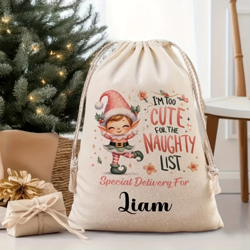 1Pc Custom Name/Text Elf And Snowflake Design Christmas Imitation Hemp Gift Bag Drawstring Closure Storage Bag, Party Candy Bags